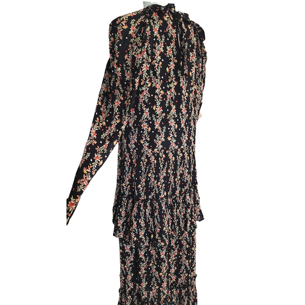 ZARA Black Floral Print Tiered Maxi Dress Puff Sleeve Ruffle High Neck - Picture 7 of 10